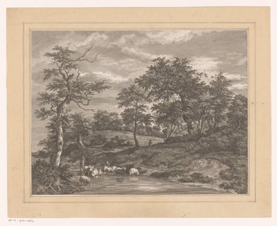 Metsämaisema paimenella lammen rannalla Le Petit Au Revoir tekijältä Louis Joseph Masquelier