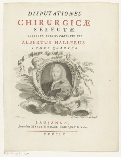 Portret van Albrecht von Haller Albert Haller (otsikko esineessä) Titelpagina voor: Albrecht von Haller, Selected Surgical Discourses, 1755 tekijältä Louis Joubert