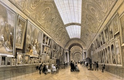 Grande Galerie, Louvren museo, noin 1850 (piirros). tekijältä Louis Jules (after) Arnout