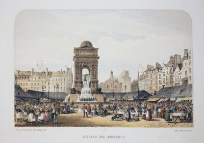 Viattomien lähde (Nymfien lähde), Pariisi. Litografia-akvarelli, kuvitus Arnout, "Album, souvenirs de Paris"", Daziaro-toimittaja, Paris tekijältä Louis Jules Arnout
