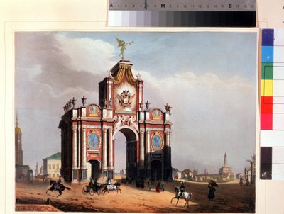 Punainen portti Moskovassa. Litografia Louis Jules Arnout (1814-1868), vesiväritetty, noin 1830. Ranskalainen taide, klassismi. A. Pushkinin muistomuseo, Pietari. tekijältä Louis Jules Arnout