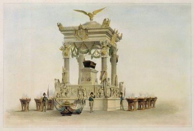 Napoleon I Bonaparten (1769-1821) arkku Invalides-kirkossa (Pariisi, Ranska). (Napoleonin arkku Les Invalidesin kirkossa). Louis Jules Arnoutin (1814-1868) työ, litografia ja akvarelli. 1800-luvun ranskalainen taide, klassismi. tekijältä Louis Jules Arnout