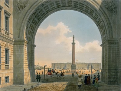 Palatsiaukio, Näkymä armeijan päämajan kaarelta, Pietari, Lemercierin painatus, Pariisi, 1840-luku (värilitho) tekijältä Louis Jules Arnout
