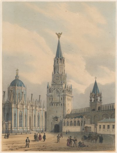Spasskaya Tower Vapahtajaportit ja Pyhän Katariinan taivaaseenastumisen kirkko Moskovan Kr tekijältä Louis Jules Arnout