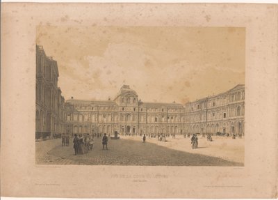 Näkymä Louvren sisäpihalle (Cour Carrée). Vue de la cour du Louvre (otsikko esineessä) Grand Views of Paris (sarjan nimi) Grandes vues de Paris (sarjan nimi) tekijältä Louis Jules Arnout