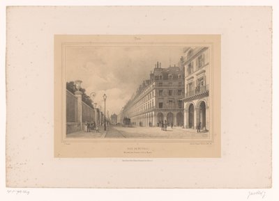 Näkymä Rue de Rivolille Rue de Rivoli. Ministerière des Finances et de la Marine (otsikko esineessä) Kasvot Pariisissa ja sen ympäristössä (sarjan nimi) Paris (sarjan nimi esineellä) tekijältä Louis Julien Jacottet