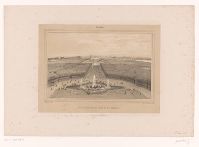 Näkymä Versaillesin puutarhaan Vue generale du Parc et du Château (otsikko esineessä) Kasvot Pariisissa ja sen ympäristössä (sarjan nimi) Versailles (sarjan nimi esineellä) tekijältä Louis Julien Jacottet