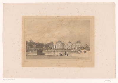 Näkymä Luxemburgin palatsille Jardin du Luxembourgista Palais du Luxembourg, Côté du Jardin (otsikko esineessä) Gezichten in en om Paris (sarjan nimi) Paris (sarjan nimi esineellä) tekijältä Louis Julien Jacottet