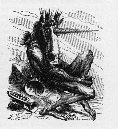 AMDUSCIAS-demoni Ars Goetiassa - Amdusias - demoni, joka on johdettu goetie-uskomuksista (demonien kutsumisen taide ja käytäntö) - Collin de Plancyn "Pelvellinen sanakirja" - Kaiverrus L. Breton. Pariisi tekijältä Louis Le Breton