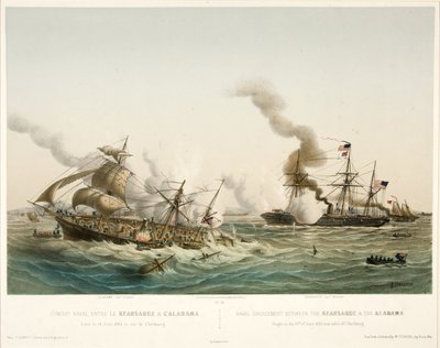 Meritaistelu Kearsagen ja Alabaman välillä, pub. 1864 (värilitografia) tekijältä Louis Le Breton