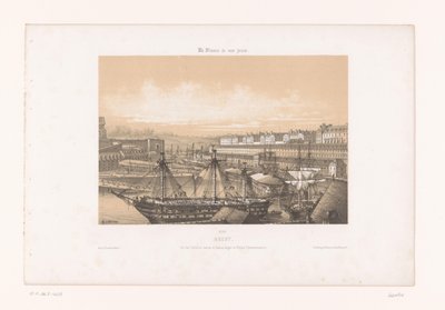 Näkymä Arsenalille Brestin satamassa brest. Vue des Corderies hautes et basses, Bagne ja Hôpital Clermontonnerre (otsikko esineessä) Contemporary France (sarjan nimi) La France de nos jours (sarjan nimi esineellä) tekijältä Louis Le Breton