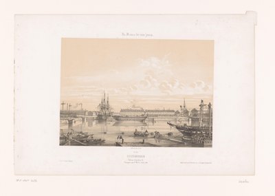 Näkymä Bassin Napoléon III:lle Cherbourgin satamassa Cherbourg. Napoleon III -allas (otsikko esineessä) Contemporary France (sarjan nimi) La France de nos jours (sarjan nimi esineellä) tekijältä Louis Le Breton