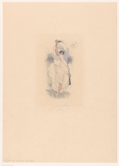 Cancan tanssija jalka venytetty hänen päänsä takana La jambe derrière la tête (otsikko esineessä) tekijältä Louis Legrand (signed by artist)
