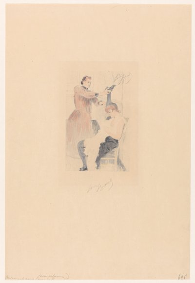 Cancan-tanssija istuu tuolilla ja tekee joustavuusharjoitusta Brisement assis (avec professeur) (otsikko esineessä) tekijältä Louis Legrand (signed by artist)