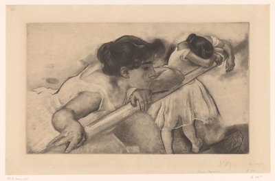 Kaksi balerinaa balettibaarissa En nage (otsikko esineessä) Nuoret balerinat (sarjan nimi) Les Petites du balet (sarjan nimi) tekijältä Louis Legrand (signed by artist)