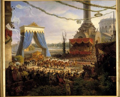 Entre de Charles X à Paris kruunauksen jälkeen 6.6.1825. Kuninkaalliset vaunut toivotti Barriere de la Villetteen vastaan Pariisin kunnan elimessä, jonka johdossa oli Seinen departementin prefetti, Louis Fran Chabrolin maalauksen kreivi. tekijältä Louis Lejeune