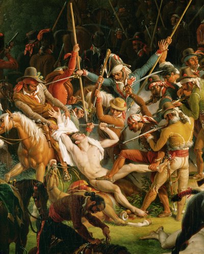 Espanjan vastarinta: Espanjalaiset sissit hyökkäävät Joseph Bonaparten hovin saattueeseen Salinasin lähellä (öljy kankaalle). tekijältä Louis Lejeune