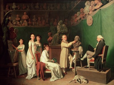 Jean Antoine Houdon (1741-1828) Pierre Simonin (1749-1827) Marquis de Laplacen rintakuvan veistäminen vaimonsa ja tyttäriensä luona, 1804 tekijältä Louis Leopold Boilly