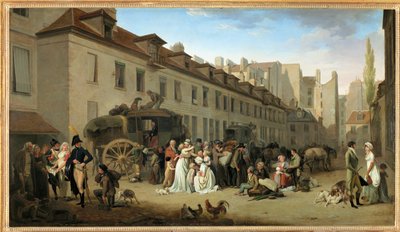 Vaunun saapuminen Messageriesin sisäpihalle, rue Notre-Dame-des-Victoires, Pariisissa ... tekijältä Louis Leopold Boilly