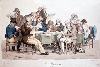 Miehet lukevat sanomalehtiä - kaiverrus Louis Boilly otsikolla "" Les journaux"" tekijältä Louis Leopold Boilly