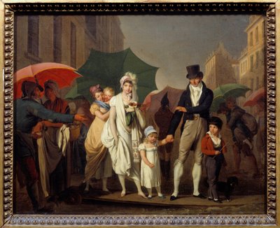 Bourgeois suihkuttaa Pariisin Premier Empire -muotiin suojaten itseään sateelta. Louis leopold Boillyn (1761-1845) maalaus 1800-luvun aurinko. 0,32x0,4 m - Sade. First Empire -muotiin pukeutunut pariisilainen porvaristo suojelee itseään fr tekijältä Louis Leopold Boilly