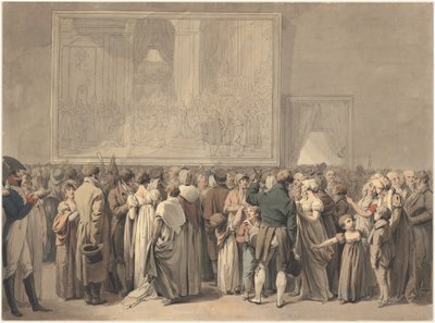 Yleisö Louvren salongissa, katsomassa "Sacren" maalausta, alkanut 1808 (kynä, tussi ja akvarelli) tekijältä Louis Leopold Boilly