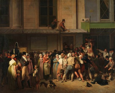 Sisäänkäynti Théâtre de lAmbigu-Comiqueen ilmaisen esityksen päivänä, n. 1819. tekijältä Louis Leopold Boilly