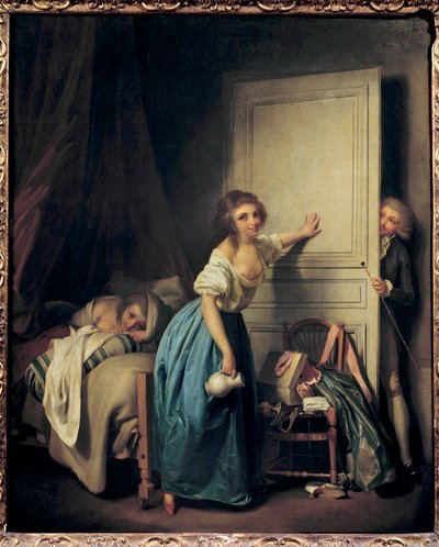 Utelias Utelias tirkistelijä vakoilee kahta pientä tyttöä. Louis Leopold Boillyn (1761-1845) maalaus. 1700-luvulla. Pariisi. Musee Cognacq Jay tekijältä Louis Leopold Boilly