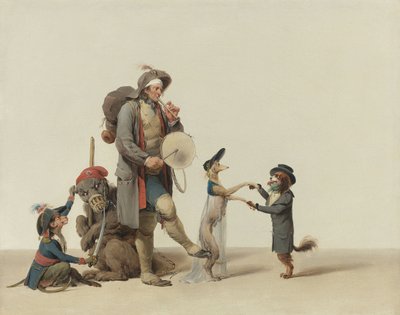 Boilly, Louis-Leopold (1761-1845) eläinten kouluttaja tanssivien koirien, karhun ja apinan kanssa. Öljy kankaalle, koko: 32,4x40,6 cm - Yksityiskokoelma tekijältä Louis Leopold Boilly