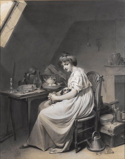 Louis-Léopold Boilly - Nuori tyttö koiransa kanssa tekijältä Louis Leopold Boilly