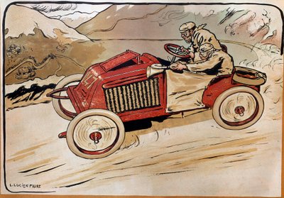Auto: kilpa-auto. Marcel Renault (1872-1903) ja Rene Vauthier ylittämässä Alpit kilpailussa PARIISI-WIENN vuonna 1902 autolla 147. Litografia Louis Lucien Faure Dujarric (1872-?), 1900-luku. Conservatoire National des Arts et Metiers, Pariisi tekijältä Louis Lucien Faure Dujarric