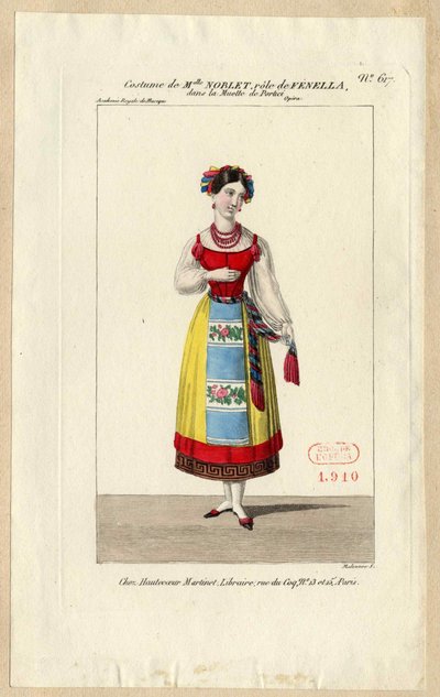 Miss Noblet Fenellana. Pukusuunnittelu oopperaan La muette de Portici, 1828. tekijältä Louis Maleuvre