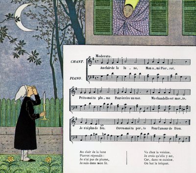 Nuotit ja kuvitus lastenlaulusta "At Moonlight" tekijältä Louis Maurice Boutet de Monvel