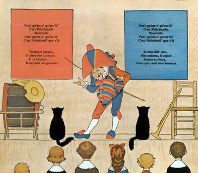 Nuotio ja kuvitus lastenlaulusta Punchinello, 1898 tekijältä Louis Maurice Boutet de Monvel