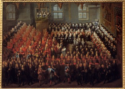 Ludvig XV:n (1710-1774) oikeussängyssä Pariisin parlamentin suuressa salissa murtaakseen Louis XIV:n (1638-1715) tahto tekijältä Louis Michel Dumesnil