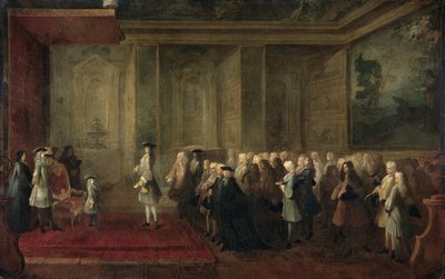 Cornelis Hopin (1685-1762) vastaanotto osavaltioiden kenraalilegaatiksi Ludvig XV:n tuomioistuimessa, 24. heinäkuuta 1719 tekijältä Louis Michel Dumesnil