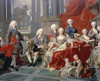 131 0794093/1 Espanjalaisen Philip V:n perhe (1683-1746) yksityiskohta, joka kuvaa kuningasta, hänen toista vaimoaan Elizabeth Farnesea ja tulevaa Ferdinand VI:ta tekijältä Louis Michel van Loo