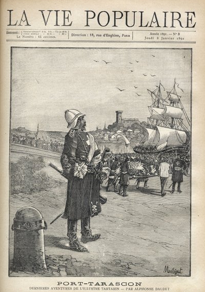 Mies tarkkailee Tarasquen saastaa Port Tarasconin saaren satamassa. Montegutin kuvitus Alphonse Daudetin (1840-1897) "Port-Tarasconille". Kaiverrus vuodelta 1891 kirjassa "La vie populaire". Yksityinen kokoelma tekijältä Louis Montegut