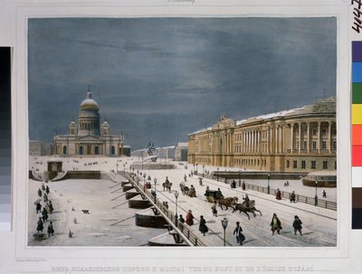 Pyhän Iisakin katedraali ja Senaatin aukio Pietarissa. Piirustus Louis Pierre Alphonse Bichebois (Louis-Pierre-Alphonse) (1801-1850). Vesiväreillä värjätty litografia, tekijältä Louis Philippe Alphonse Bichebois
