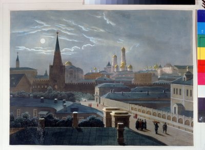 Näkymä Moskovan Kremlistä. Piirustus Louis Pierre Alphonse Bichebois (1801-1850). Vesiväreillä värjätty litografia, noin 1830-1840, ranskalainen taide, klassismi. A. Pushkinin muistomuseo, Pietari. ©FineArtImag tekijältä Louis Philippe Alphonse Bichebois