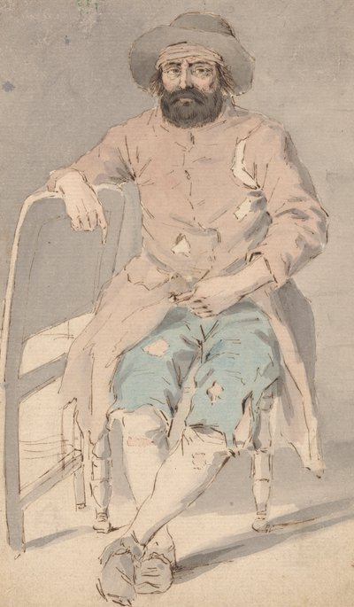 Mies räsyisissä vaatteissa istuu oikea käsi toisen tuolin päällä tekijältä Louis Philippe Boitard