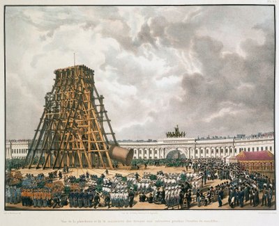 Aleksanterin pylvään nostaminen Pietarissa, 1836. tekijältä Louis Pierre Alphonse Bichebois
