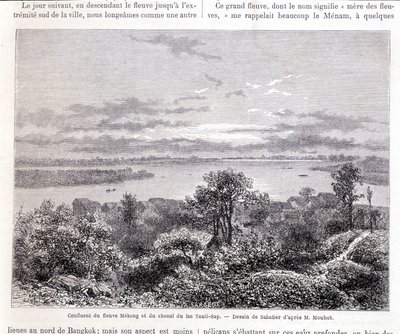 Mekong-joen ja Touli-järven yhtymäkohta - isku. Sabatierin piirustus herra Mouhotin mukaan. “Tour du monde” tekijältä Louis Remy Sabatier