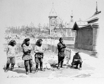 Pienen venäläisen kylän talonpojat hyttysverkko kasvoillaan ja Trans-Siperian rautatieasema. 1913. Ill. de Sabatier tekijältä Louis Remy Sabatier