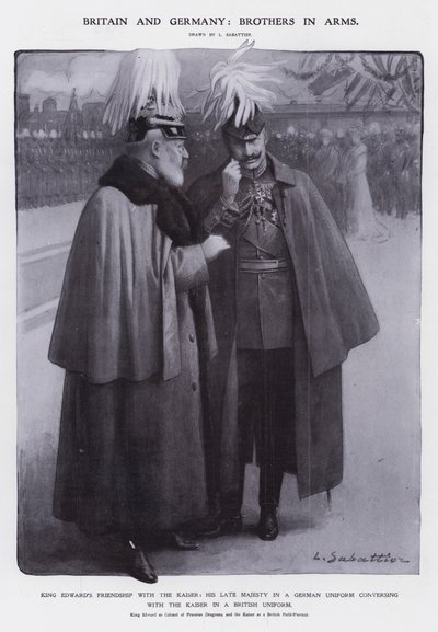 Kuningas Edward VII pukeutunut Preussin lohikuunien everstiksi ja keisari Wilhelm II pukeutuneena Britannian kenttämarsalkkaksi (litho) tekijältä Louis Remy Sabattier