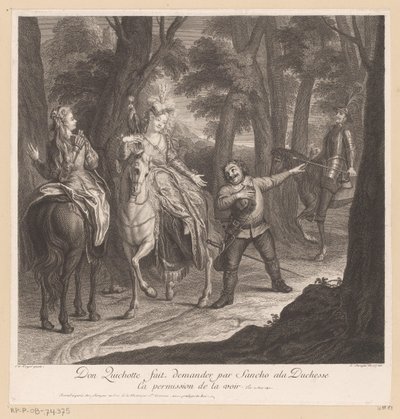 Don Quijote pyytää Sanchoa kysymään herttuattarelta lupaa tavata hänet Don Quichotte fait demander par Sancho ala Duchesse ca permission de la voir (otsikko esineessä) La Manchan Don Quijoten historia (sarjan nimi) tekijältä Louis Surugue