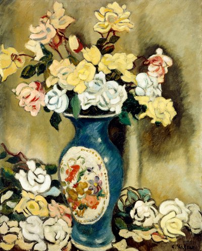 Kimppu punaisia ruusuja sinisessä maljakossa, n. 1920 (öljy kankaalle) tekijältä Louis Valtat