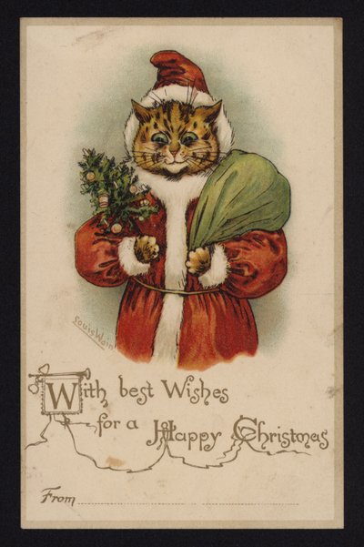 Kissa joulupukina, joulutervehdyskortti (chromolitho) tekijältä Louis Wain