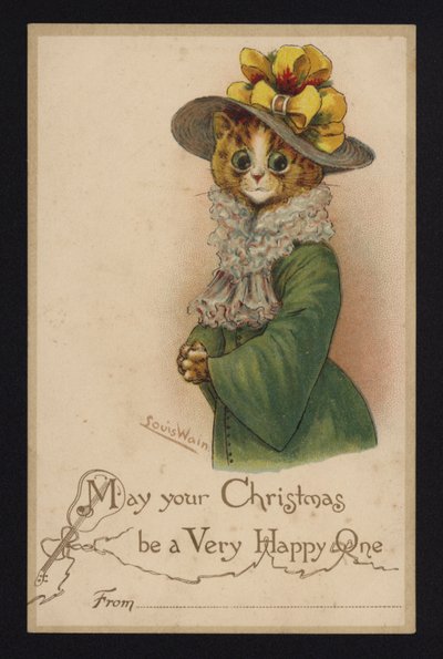 Kissa, jolla on naisen hattu ja takki, joulutervehdyskortti (chromolitho) tekijältä Louis Wain