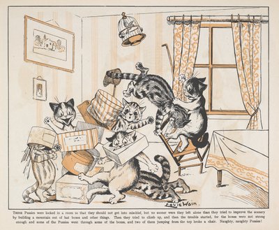 Kissat leikkivät laatikoilla huoneessa. tekijältä Louis Wain
